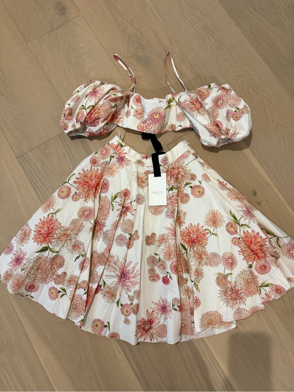 Floral-Print Puff-Sleeve Off-The-Shoulder Crop Blouse / Skirt Set